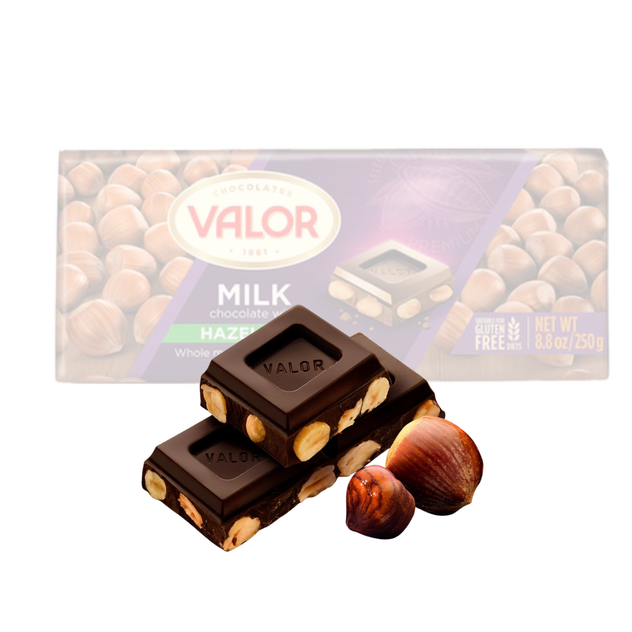 Milk Chocolate with Mediterranean Hazelnuts. 250g - Valor Spain